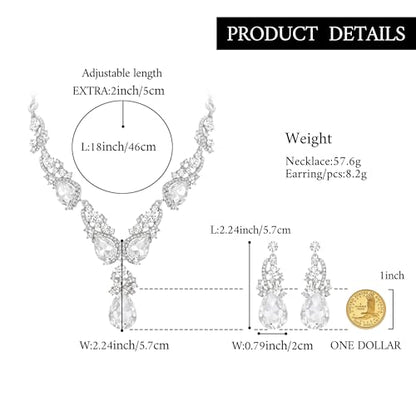 Women's Wedding Bridal Crystal Multi Teardrop Cluster Statement Necklace Dangle Earrings Set - color: 06-Clear Silver-Tone