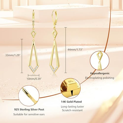 ALEXCRAFT 14K Goldplate Silver Long Rhombus Dangle Drop Earrings for Women | Trendy Hypoallergenic Lightweight Simple Daily Elegant Geometric Leverback Earrings Long Dangling Drop Earrings Boho Jewelry - color: Rhombus_Gold