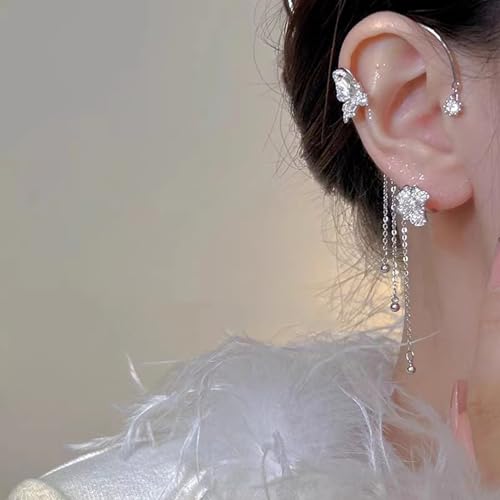 Butterfly Ear Cuff Earrings Sparkly Silver Butterfly Flower Tassle Ear Wrap Earrings Fairy Right Left No Piercing Ear Clip On - color: A-Flower,Silver