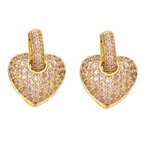 Crystal Heart Hoop Earrings for Women Dainty Fashion Heart Huggie Earrings Colourful Sparkly Crystal 14k Gold Love Heart Dangle Drop Earrings Valentine’s Day Statement Jewelry Gifts - color: Pink