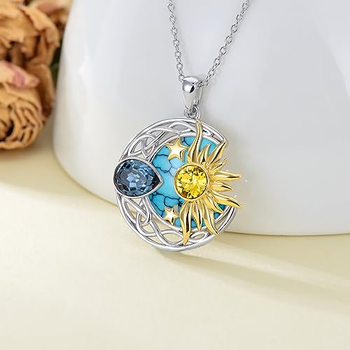 AOBOCO 925 Sterling Silver Moon Sun Star Necklace Celtic Jewelry for Women Girls - color: Silver&Gold&Turquoise
