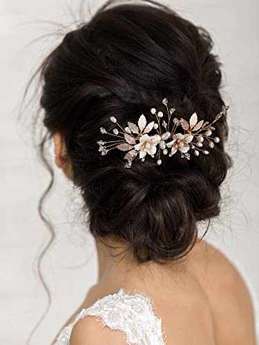 SWEETV Wedding Hair Comb for Bridal Hair Accessories, Handmade Flower Bridal Hair Clip Hair Pieces, Gold, 5.12 *2.75 inches, 1 Count (Pack of 1) | Handmade Wedding Hair Accessories Wedding Hair Pieces for Brides, Wedding Hair Clip Bridal Hair Comb Gold 5.