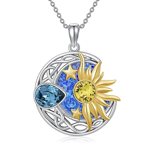 AOBOCO 925 Sterling Silver Moon Sun Star Necklace Celtic Jewelry for Women Girls - color: Silver&Gold&Blue&Purple Opal