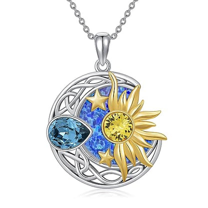 AOBOCO 925 Sterling Silver Moon Sun Star Necklace Celtic Jewelry for Women Girls - color: Silver&Gold&Blue&Purple Opal
