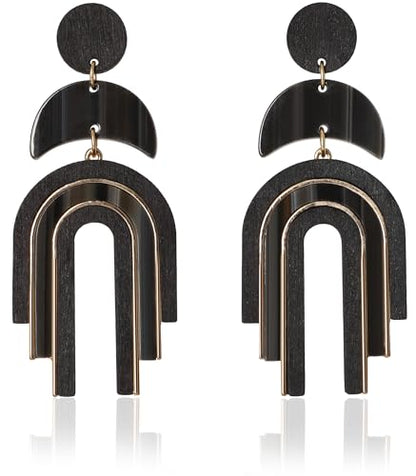 Ozel - Natural Wooden Acrylic Boho Drop Dangle Earrings for Women - Geometric Statement Jewellery - Brown, Black, Magent Red, Olive Green, White beige - color: Arch_Black
