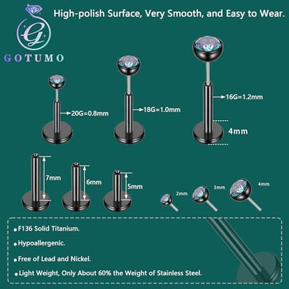 Gotumo 16G 18G 20G Flat Back Earrings Stud Titanium Threadless Nose Rings Tragus Labret Cartilage Lip Medusa Conch Body Piercing Jewelry Hypoallergenic for Women Men - color: Black, size: 16G Bar 5/6/7mm & CZ 2/3/4mm