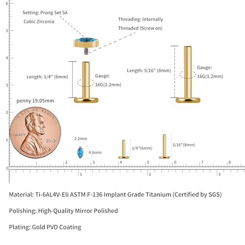 1PC Tragus Conch Helix Flat Labret Piercing Jewelry 16G 6mm 8mm - ASTM F136 Titanium Cartilage Earring Flatback Stud, Implant Grade Internally Threaded Hypoallergenic Body Jewelry (Clear CZ) - color: Blue Marquise CZ - Gold