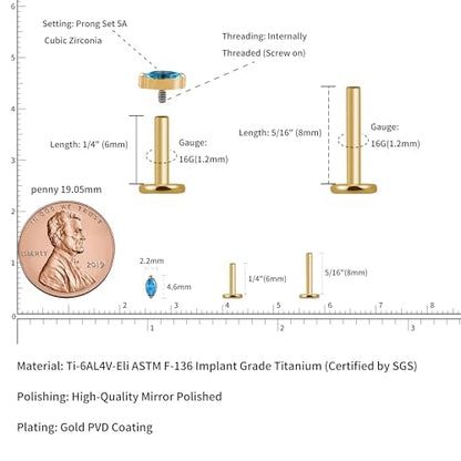 1PC Tragus Conch Helix Flat Labret Piercing Jewelry 16G 6mm 8mm - ASTM F136 Titanium Cartilage Earring Flatback Stud, Implant Grade Internally Threaded Hypoallergenic Body Jewelry (Clear CZ) - color: Blue Marquise CZ - Gold
