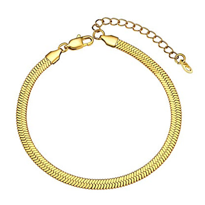 Adjustbale Link Chain Anklet for Women Summer Jewelry, 316L Stainless Steel Figaro/Wheat/Twist Rope/Cuban Foot Bracelet-Waterproof, Resizable 9"-12" (Gift Box Included) - color: 6, Herringbone - Gold-5mm