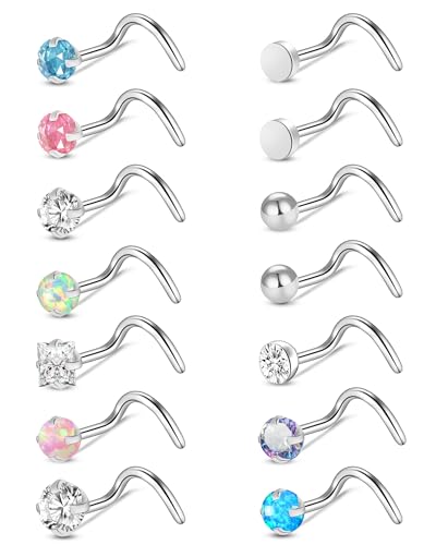 ONESING 9-40 Pcs Nose Rings - Hoops, Studs & L Shape - Hypoallergenic Stainless Steel Nose Piercings for Women & Men - color: Silver-14 Pcs