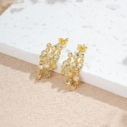 14K Gold Plated Dangle Earrings for Women, Dainty Hoop Huggie Studs, Long Hanging Tassel Chain Multi Pierced Ear Stacking Jewelry Gifts - color: CZ Dangle-Gold