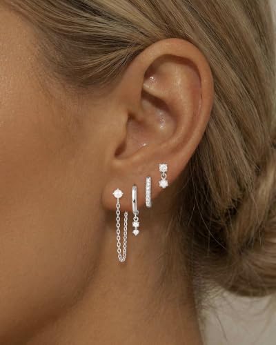 Gold Silver Earrings for Women Trendy 14K Gold Plated Dangle Hypoallergenic Cartilage Earrings Small 925 Sterling Silver Post Dainty Hoop Drop Pearl Earring Stacks Set Huggie Chain Earrings Jewelry - color: A-Pearl Earrings-Sliver