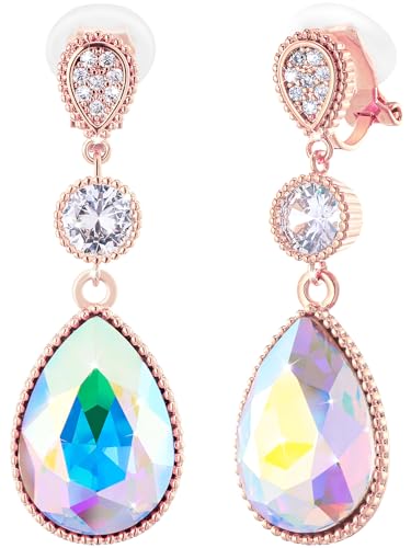 Clip On 18 * 13MM Big Crystal Dangle Non Pierced Earrings for Women 14K Gold Plated Jewelry - color: Apr-Diamond-Rose Gold Plated