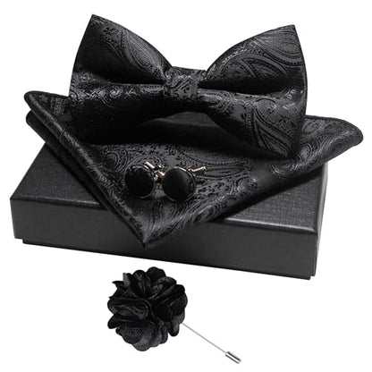 JEMYGINS Mens Paisley Bow Tie and Lapel Pin Necktie Pocket Square and Tie Clip with Sets for Business Casual 4PCS - color: Black