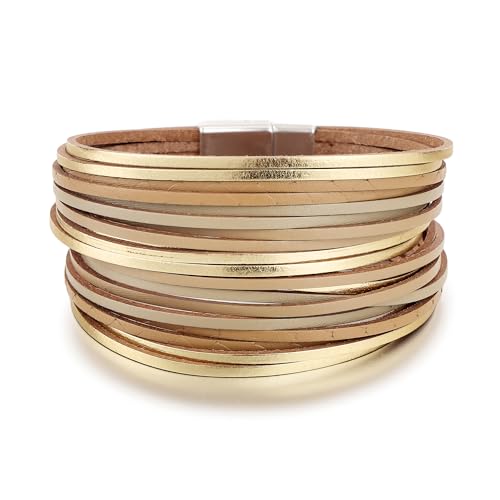 Edoneery Leather Wrap Bracelets for Women, Boho Layered Cuff Bangle | Multi-layer Leather Cuff, Daily wear, Stackable Bangle, Easy on-off, Western Jewelry Gifts for Women - color: Gold-7