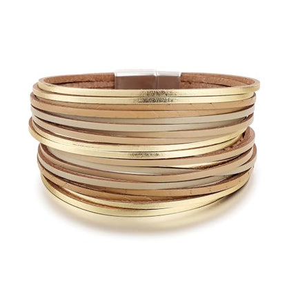 Edoneery Leather Wrap Bracelets for Women, Boho Layered Cuff Bangle | Multi-layer Leather Cuff, Daily wear, Stackable Bangle, Easy on-off, Western Jewelry Gifts for Women - color: Gold-7