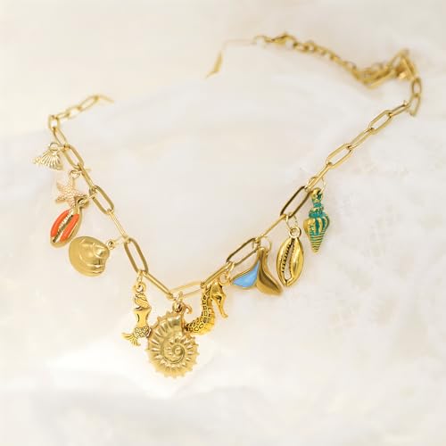 JNF Cute Shell Conch Boho Charm Necklace for Women Sun Moon Star Coin Heart Flower Boot Bow Charms Necklaces Summer Beach Jewelry - color: beach shell Charm necklace