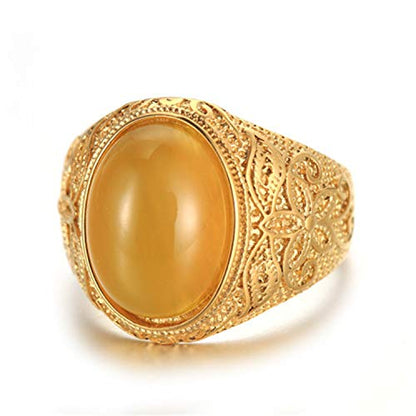 Retro Unisex Stainless Steel Oval Gemstone Hollow Flower Carved Signet Ring - color: Gold-Yellow