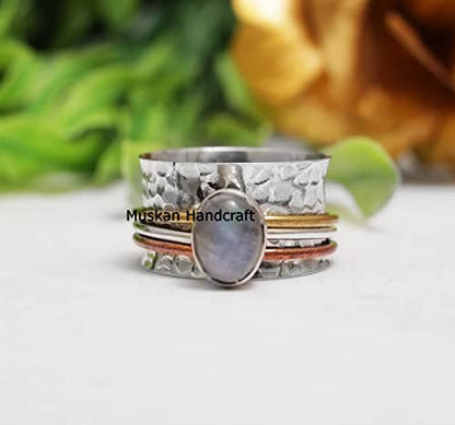 925 Sterling Silver 3 Tone Hammered Spinner Band Ring, Meditation Ring, Yoga Ring, Spin Fidget Worry Ring, Boho Ring, Wedding Gifts Ring For Her