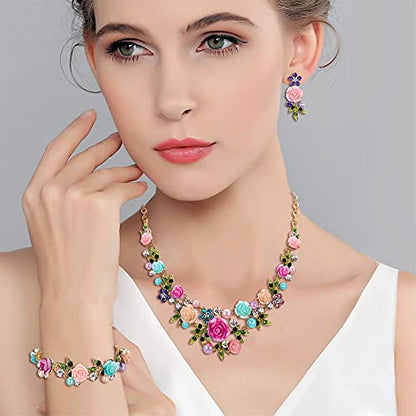 EVER FAITH Costume Jewelry Crystal Simulated Pearl Rose Flower Leaf Prom Party Statement Necklace Earrings Bracelet Set for Women - color: Multicolor Gold-Tone