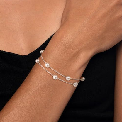 NECOCY 14K Gold Plated Pearl Bracelets for Women, Dainty Bracelets Stack Trendy Pearls Beaded Link Chain Charm Bracelets Set Layered Tiny Wedding Prom Jewelry Gift for Women Mother's Day Graduation - style: Style-2-Silver