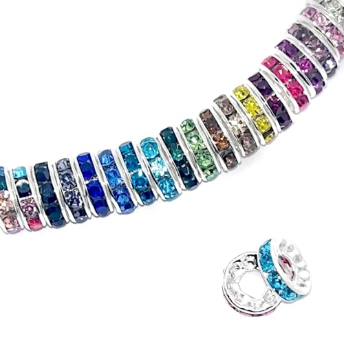 100pcs Large Hole Rhinestone Spacer Beads 10mm Silver Plated Czech Crystal Rhinestone for DIY Jewelry Making Charms Bracelet (Mix) - color: Mix