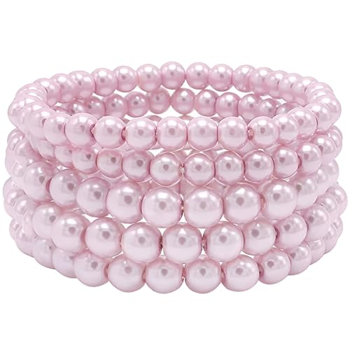Faux Pearl Beaded Bracelets for Women Ladies Elastic Stretch Bracelet Stackable Jewelry Set Pulsera Para Mujer 5 pcs Size 6-8 MM - color: Pink