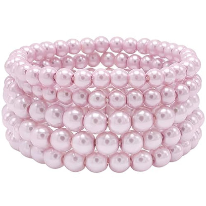 Faux Pearl Beaded Bracelets for Women Ladies Elastic Stretch Bracelet Stackable Jewelry Set Pulsera Para Mujer 5 pcs Size 6-8 MM - color: Pink