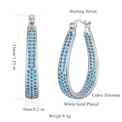 925 Sterling Silver Post Hoop Earrings for Women Gilrs Multcolors Cubic Zircon Hoops 14K Gold Plated Oval Chunky Hoop Earrings Jewelry Gift for Mothers Day/July 4th/Wedding/Party/Christmas - color: Light Blue