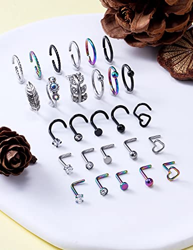 20G 18G 16G Nose Rings Studs 316L Surgical Steel Flat Back Threadless Push in Nose Studs Screw L-Shaped Nose Rings Tragus Cartilage Helix Earrings Piercing Jewelry for Women Men - color: Set E:20G(0.8MM)-Mix Color