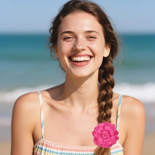 Satin Rose Flower Brooch Hair Clip for Women 4.3 Inch Floral Pin for Hats Dress Everyday Outfits Beach Vacations - color: Rose Red