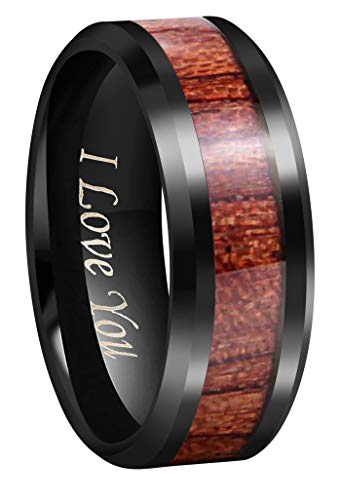 CROWNAL 4mm 8mm Rare Koa Wood/Abalone Shell/Genuine Crushed Fire Opal Inlay Tungsten Carbide Ring Men Women Wedding Band High Polished Engraved I Love You Size 7 To 17 - color: Koa Wood Black 8mm