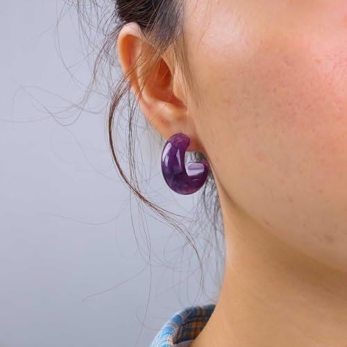 Vintage Acrylic Hoop Earrings - Purple Resin C Shape Studs - Chunky Open Hoop Earrings - Women's Jewelry
