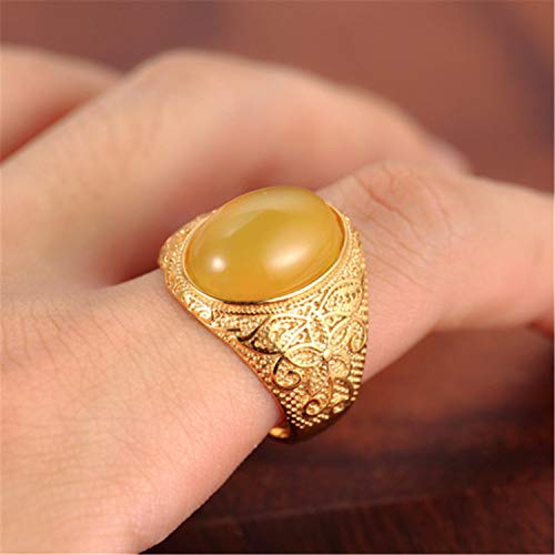 Retro Unisex Stainless Steel Oval Gemstone Hollow Flower Carved Signet Ring - color: Gold-Yellow