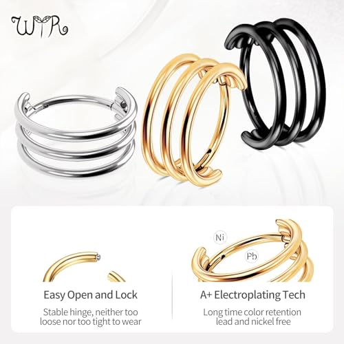 G23 Titanium Conch Piercing Jewelry Hoop: 16G 8mm/10mm/12mm Diamond Cartilage Earring Helix Double Piercing Hoop Septum Rings Hypoallergenic Nose Rings Hinged Segment Clicker Lip Rings Rook Daith Tragus Earrings - color: Gold-Triple Layers