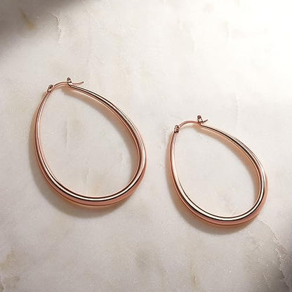 Milla Oval Hoop Earrings for Women | Elegant Polished 14K Gold, Rose Gold or Silver Plated Hoops with Secure Latch Closure, Hypoallergenic & Lightweight - color: Rose Gold Plated / 2.6 in - LARGE