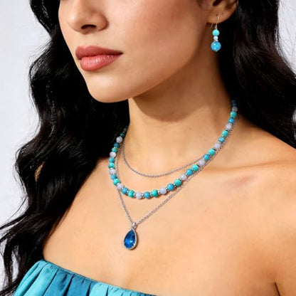 Beaded Necklaces for Women 3Pcs Colorful Boho Gemstone Bead Choker Summer Natural Stone Surfer Beach Bead Necklace Bracelets Earring Set Handmade Jewelry for Women Gift Jewelry Sets - color: Blue