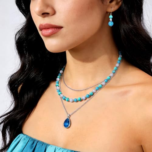 Beaded Necklaces for Women 3Pcs Colorful Boho Gemstone Bead Choker Summer Natural Stone Surfer Beach Bead Necklace Bracelets Earring Set Handmade Jewelry for Women Gift Jewelry Sets - color: Blue
