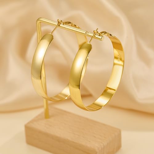 EXGOX 5mm Wide Gold Hoop Earrings for Women,Sterling Silver Hoop Earrings Large Silver Hoop Earrings Hypoallergenic Lightweight 14K Real Gold Plated Big Hoop Earrings for Women 30/40/50/60/70mm - color: 8MM-Gold Hoop-50mm