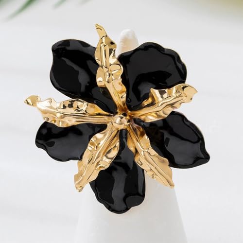 Retro Large Gold Leaves Black Red Enamel Flower Ring for Women Jewelry Gift | Bold Oil Drip Light Red Floral Irregular Petals Statement Gold Leaf Joint Finger Ring Punk Vacation Y2k Party Boho Accessory - color: Black