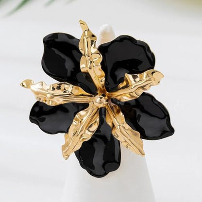 Retro Large Gold Leaves Black Red Enamel Flower Ring for Women Jewelry Gift | Bold Oil Drip Light Red Floral Irregular Petals Statement Gold Leaf Joint Finger Ring Punk Vacation Y2k Party Boho Accessory - color: Black