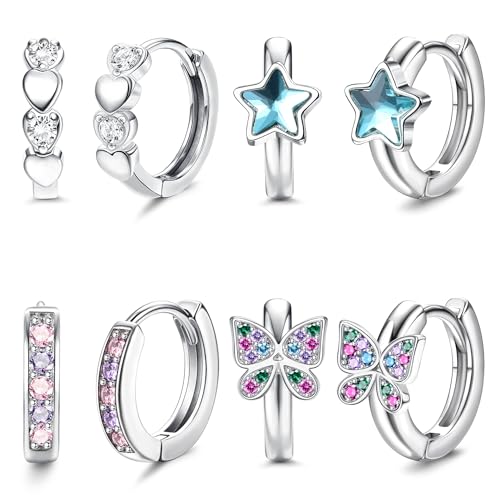 YADOCA Hypoallergenic Hoop Earrings For Girls Women Kids Toddler Earrings | Cute Small Huggie Hoop Earring Set Colorful Blue Pink CZ Cartilage Earring 10mm 4 Pairs Butterfly Star Wear While Sleeping - color: Color