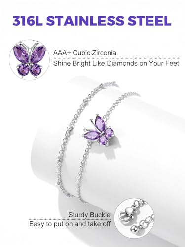 Richsteel Double Layer Heart/Butterfly Birthstone Anklet for Women | Non Tarnish Waterproof, Silver/Gold/Black Stainless Steel 8.5-10.5 Inch Adjustable Chain Anklets Summer Beach Foot Jewelry - color: Silver Butterfly-02 Feb.(Amethyst)