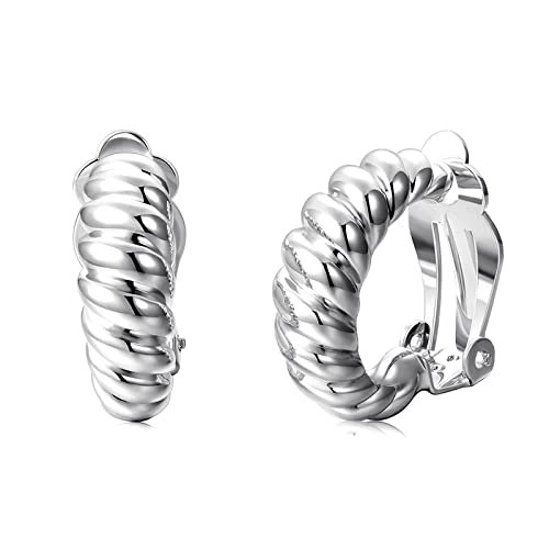 Clip on Earrings Women, 14K Gold Hoop Clip-On Earrings for Women, Hypoallergenic Non Pierced Croissant Earrings - color: Silver Croissant Hoop