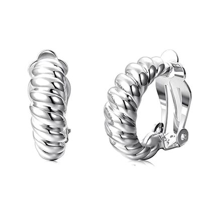 Clip on Earrings Women, 14K Gold Hoop Clip-On Earrings for Women, Hypoallergenic Non Pierced Croissant Earrings - color: Silver Croissant Hoop