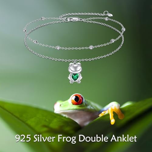 POPLYKE Frog/Pearl/Dragonfly/Ladybug/Highland Cow/Pearl/Moonstone Anklets Sterling Silver Double Layered Chain Beach Anklets for Women Foot Jewelry - style: Frog Anklets