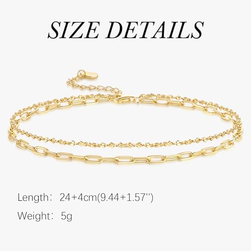14K Gold Anklets for Women Gold Ankle Bracelets for Women | 14K Gold Anklets for Women Double-Layer Design Delicate Chain Stacked with Paperclip Link Anklets for Womens Ankles Bracelets