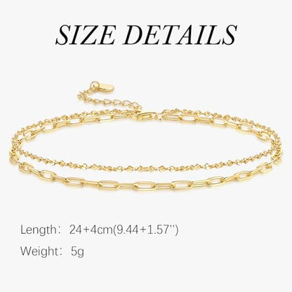 14K Gold Anklets for Women Gold Ankle Bracelets for Women | 14K Gold Anklets for Women Double-Layer Design Delicate Chain Stacked with Paperclip Link Anklets for Womens Ankles Bracelets