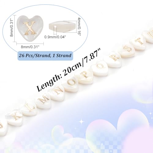 PH PandaHall 26pc White Heart Beads Alphabet A-Z Charms Natural Freshwater Shell Letter Initial Charm Glass Spacer for Boho DIY Necklace Bracelet Earring Jewelry Making