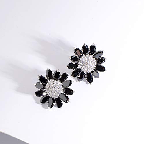 Crystal Flower Burst Stud Earirings - Big Sterling Silver CZ Cubic Zirconia Rhinestone Daisy Sunflower Floral Cluster Studs Bridal Wedding Party Prom Costume Jewelry for Bride Bridesmaids Women Birthstone Birthday Gift - color: Black